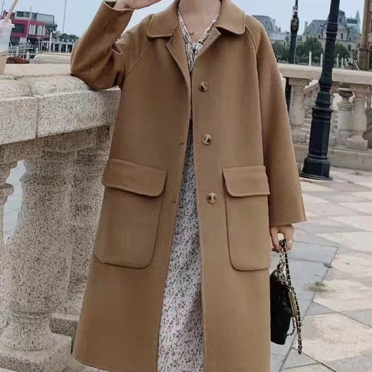 Solid Color Double-Sided Girl Collar Mid Length Coat