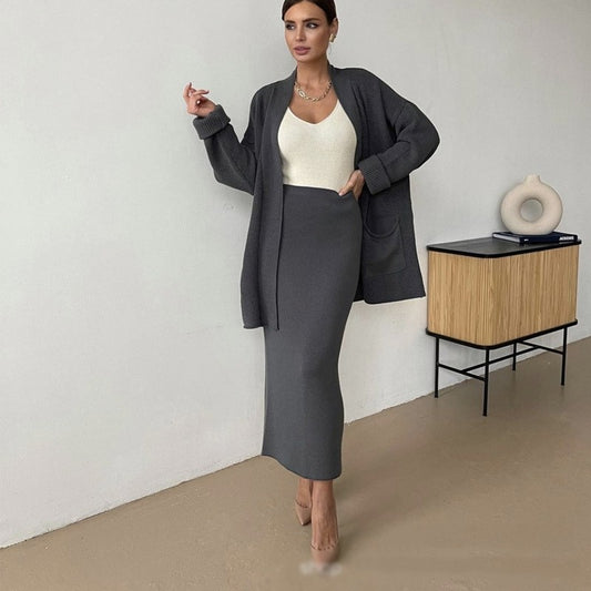 Solid Color Long Sleeve Sweater Cardigan and Skirt Set