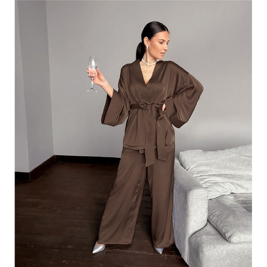 Luxurious Satin Lace-Up Robe and Pants Set in Solid Colors