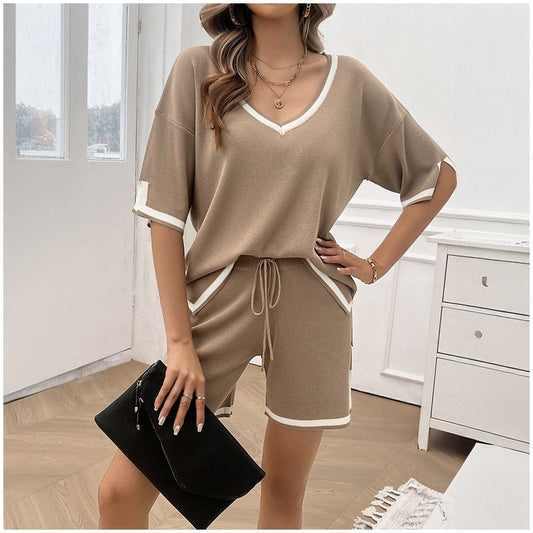 Casual V-Neck Sweater and Shorts Ensemble