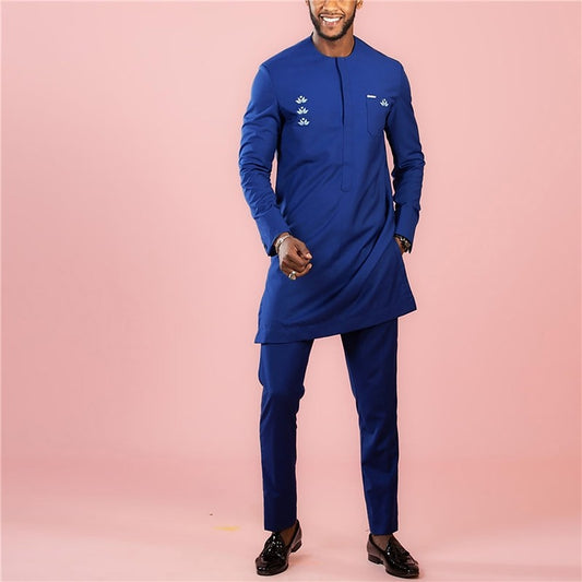 Solid Color Embroidered Simple Shirt And Pants Set