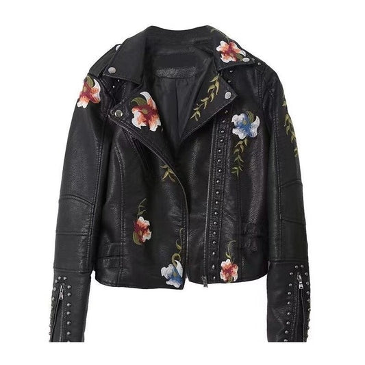 Fashionable Embroidered Rivet Short PU Leather Jacket