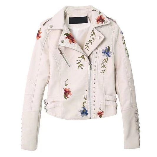 Fashionable Embroidered Rivet Short PU Leather Jacket