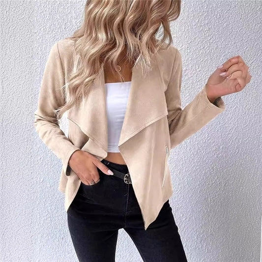 Faux Fur Collar Zip-Up Short Jacket with Long Sleeves