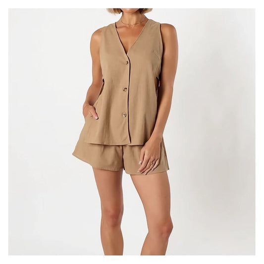 Sleek Sleeveless Button-Up Top and Matching Shorts Set