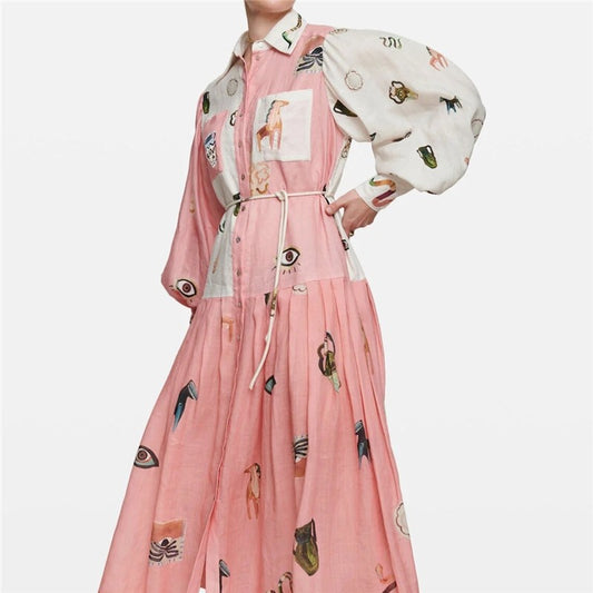 -Printed Fashion Long Sleeve Bubble Sleeve Tie Dress