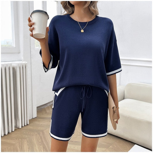 Casual Knit Shorts Set Featuring Round Neck Top