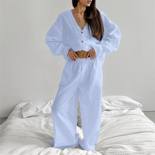 Solid Color Open-Front Long-Sleeve Pajama Set