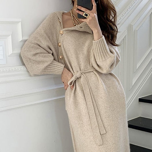 Solid Color Loose High Neck Lace Up Woolen Dress