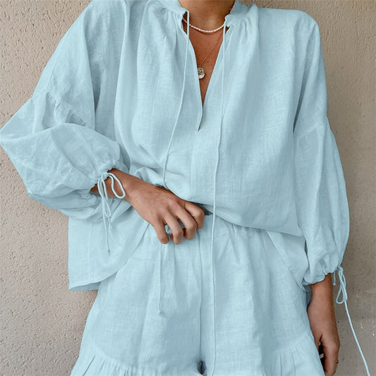 Solid Color Long-Sleeve Shorts Pajama Set - Two-Piece