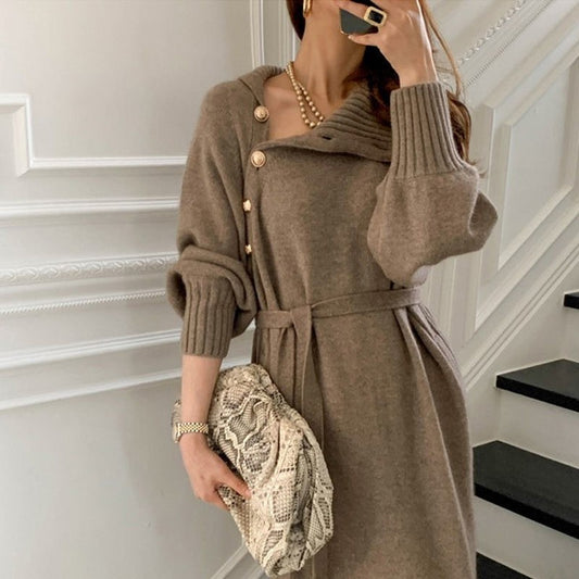 Solid Color Loose High Neck Lace Up Woolen Dress