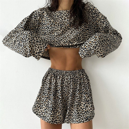 Leopard Print Long Sleeve Pajama Top with Matching Shorts