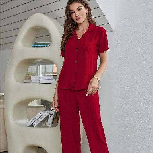 Solid Color Short Sleeve Cardigan Lounge Wear Set