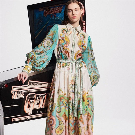 -Printed Fashion Long Sleeve Bubble Sleeve Tie Dress