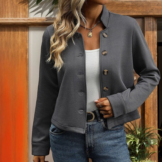 Texture Stand Collar Long Sleeve Jacket in Solid Color