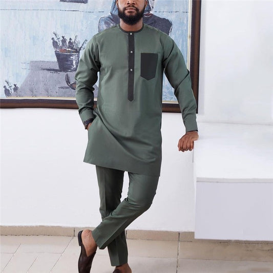 Dark Green Men's Long Sleeved Shirt And Pants Set