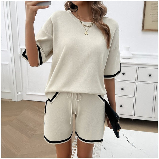 Casual Knit Shorts Set Featuring Round Neck Top