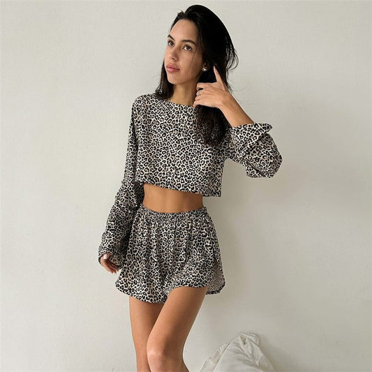 Leopard Print Long Sleeve Pajama Top with Matching Shorts