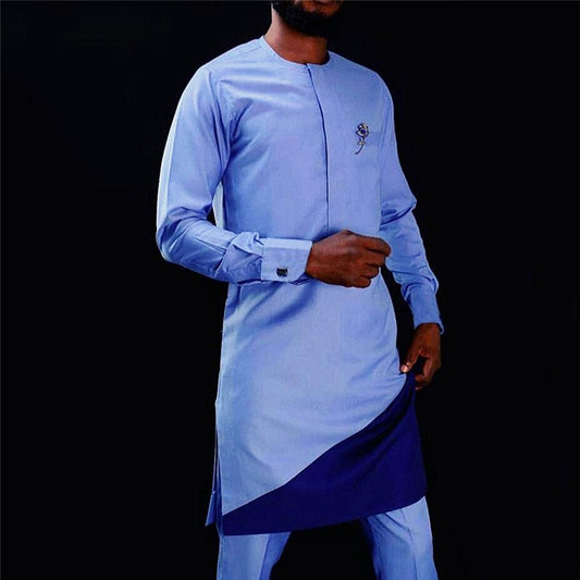 Blue Men's Long Sleeved Pants Set With Patchwork Fabric