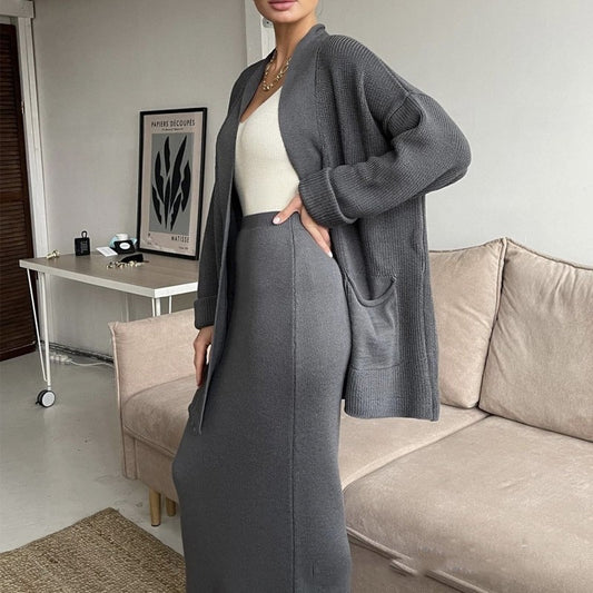 Solid Color Long Sleeve Sweater Cardigan and Skirt Set