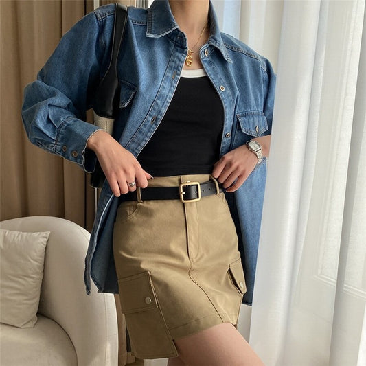 Chic Slim-Fit Mini Skirt Featuring Genuine Leather Belt