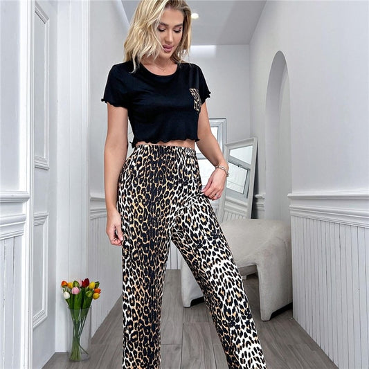 Leopard Print Crop Top and High-Waisted Pants Lounge Set