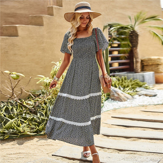 Short Sleeves High Waisted A-Line Printing Maxi Dress