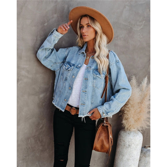 Lapel Distressed Casual Loose Denim Jacket