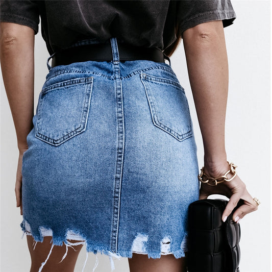 High Waisted Ripped Fringed Hem Bodycon Mini Denim Skirt