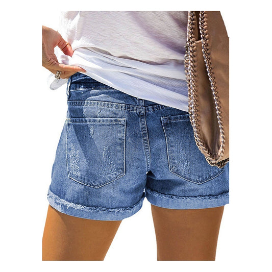 Baseball Pattern Ripped Denim Shorts