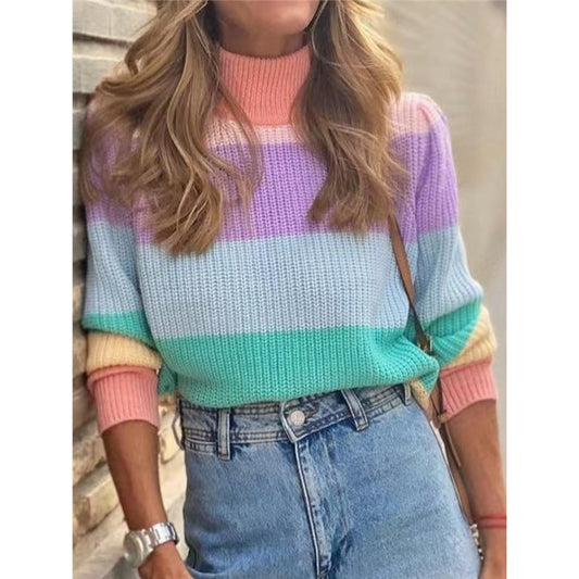 Colorful Stripe High Neck Sweater