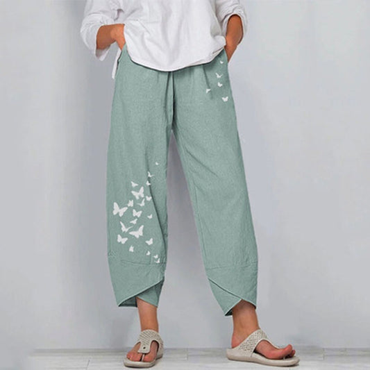 Casual Loose Ramie Cotton Wide Leg Printing Pants