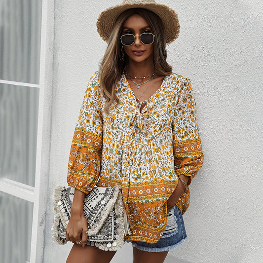 Floral V-Neck 3/4 Sleeve Bohemian Loose Blouse