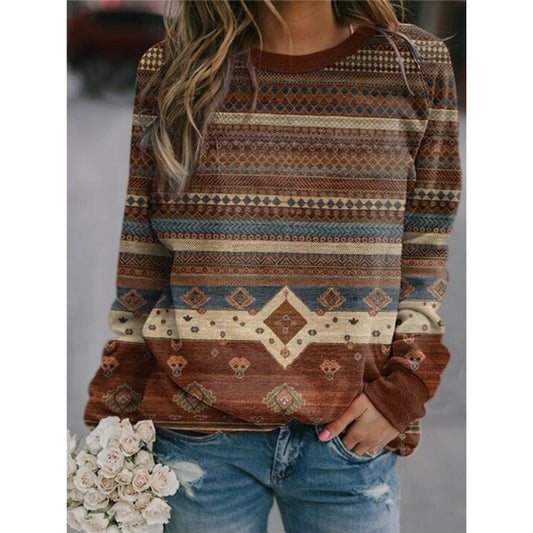 Women's Long-Sleeved Round Neck Western-Style Printed Sweatshirt Top