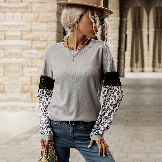 Paneled Leopard Print Long Sleeve Contrast Knitwear Top