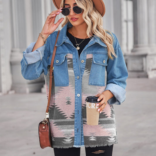 Casual Loose Long Sleeves Lapel Buttoned Printed Denim Jackets Outerwear