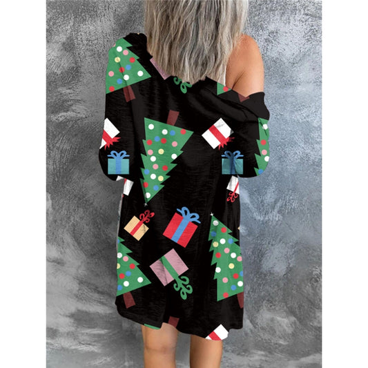 Christmas Outwears Tree Snowman Print Long Sleeve Cardigan