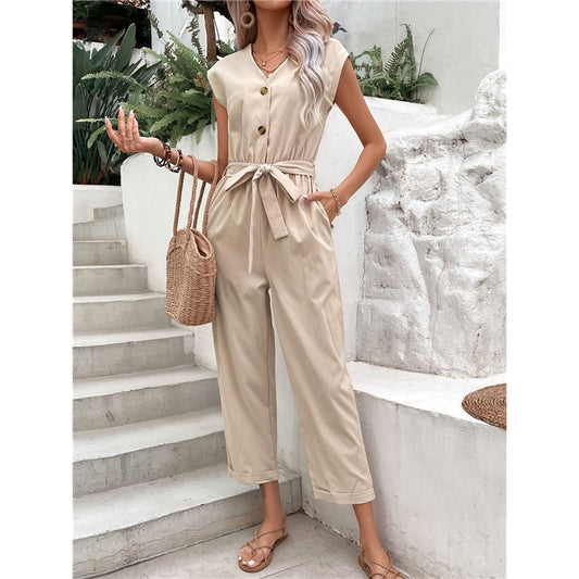 Summer Sleeveless V-Neck Waist Tie Jumpsuit