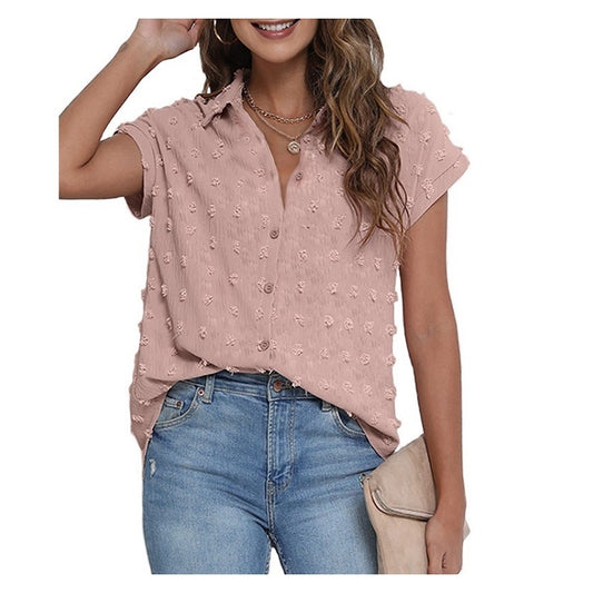 Loose Button Short Sleeve Shirt Hairball Chiffon