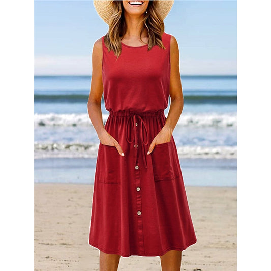 Summer Solid Color Round Neck Sleeveless Casual Dress