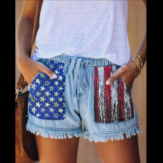 Women High-Waisted Laced Tassel Denim Shorts