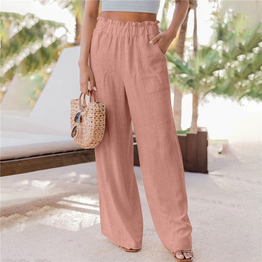 Solid Color Wide Leg Pockets Casual Loose Pants