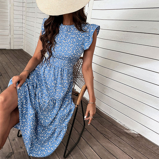 High Waist Blue Floral Boho Print Dress