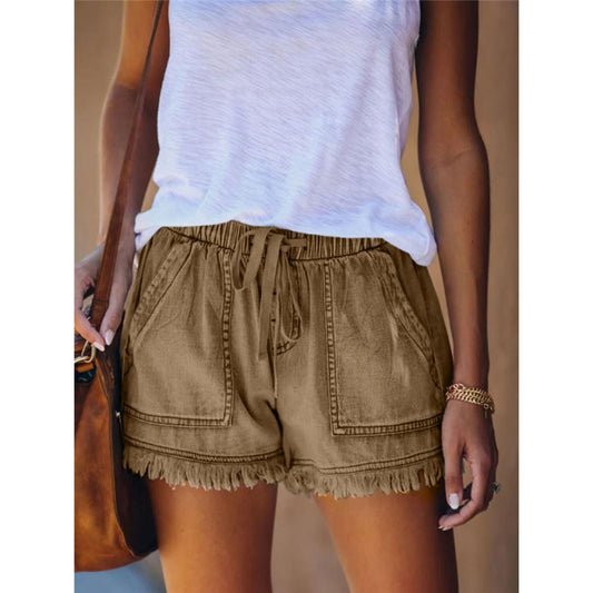 Women Elastic Waist Casual High Waist Denim Shorts