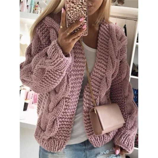 Cable Knitted Solid Color Loose Cardigan