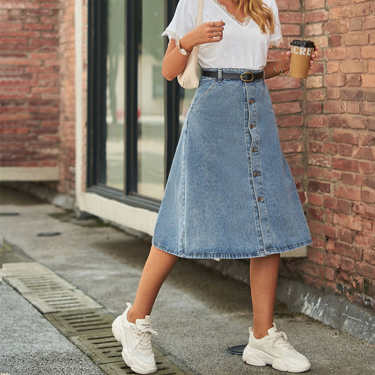 Solid Color A-Line Buttoned Denim Skirts