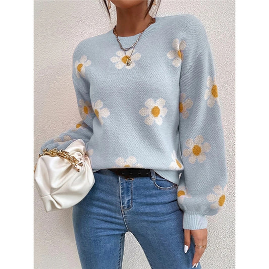 Jacquard Floral Crew Neck Sweater