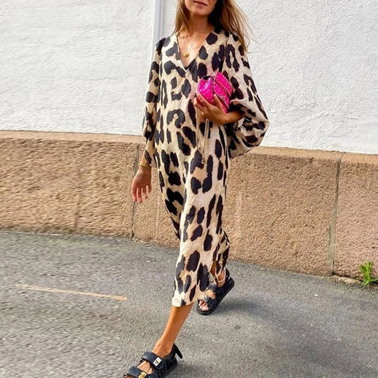 Loose Leopard Print Lantern Sleeve Maxi Dress