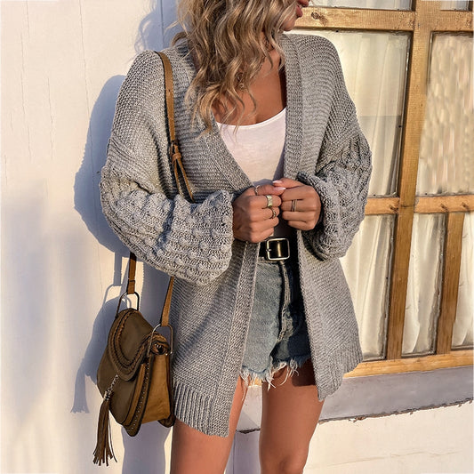 Solid Color Lantern Sleeve Sweater Cardigan