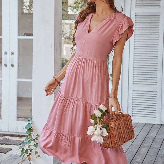 Short Sleeves V-Neck Solid Maxi Dress